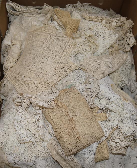 A large quantity of fillet lace trimmings, insertion, mats etc